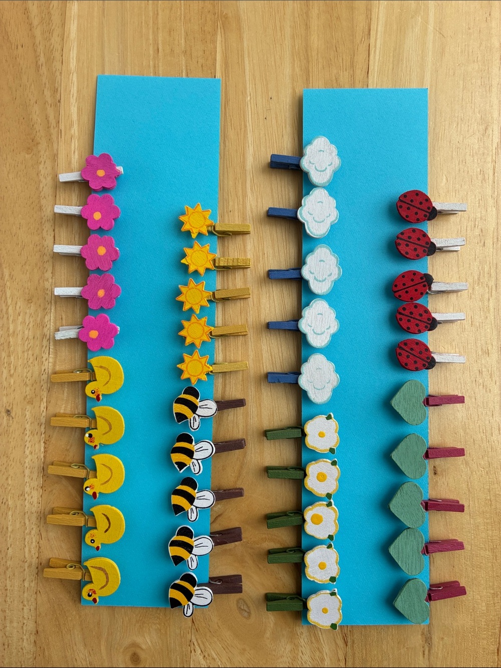 Decorative mini clothes pins- 8 designs 12 each. Flowers, insects, sun & cloud